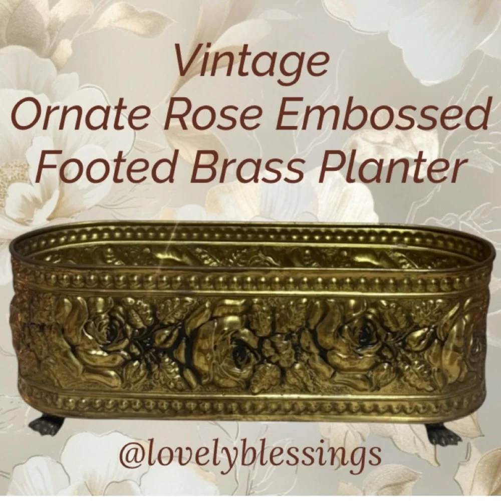 Vintage Brass Footed Planter Ornate Oval Embossed Floral Rose Victorian Luxury